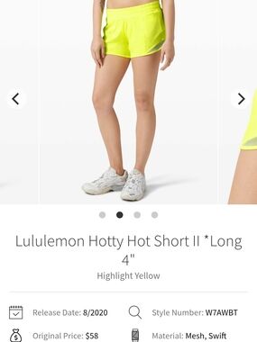 lululemon Hotty Hot Shorts in Highlight Yellow 4" Low Rise